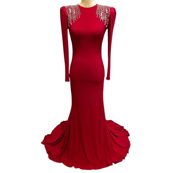 Ieena for Mac Duggal Red Formal Maxi Dress Size 4 Crystal Details Prom Wedding - Picture 1 of 13